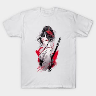 Beautiful girl with horns,  katana,Asian drawing T-Shirt